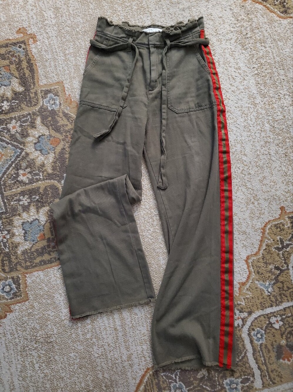 ZARA Olive Green Paper Bag Wide Leg Belted Side Stripe Pants XS
